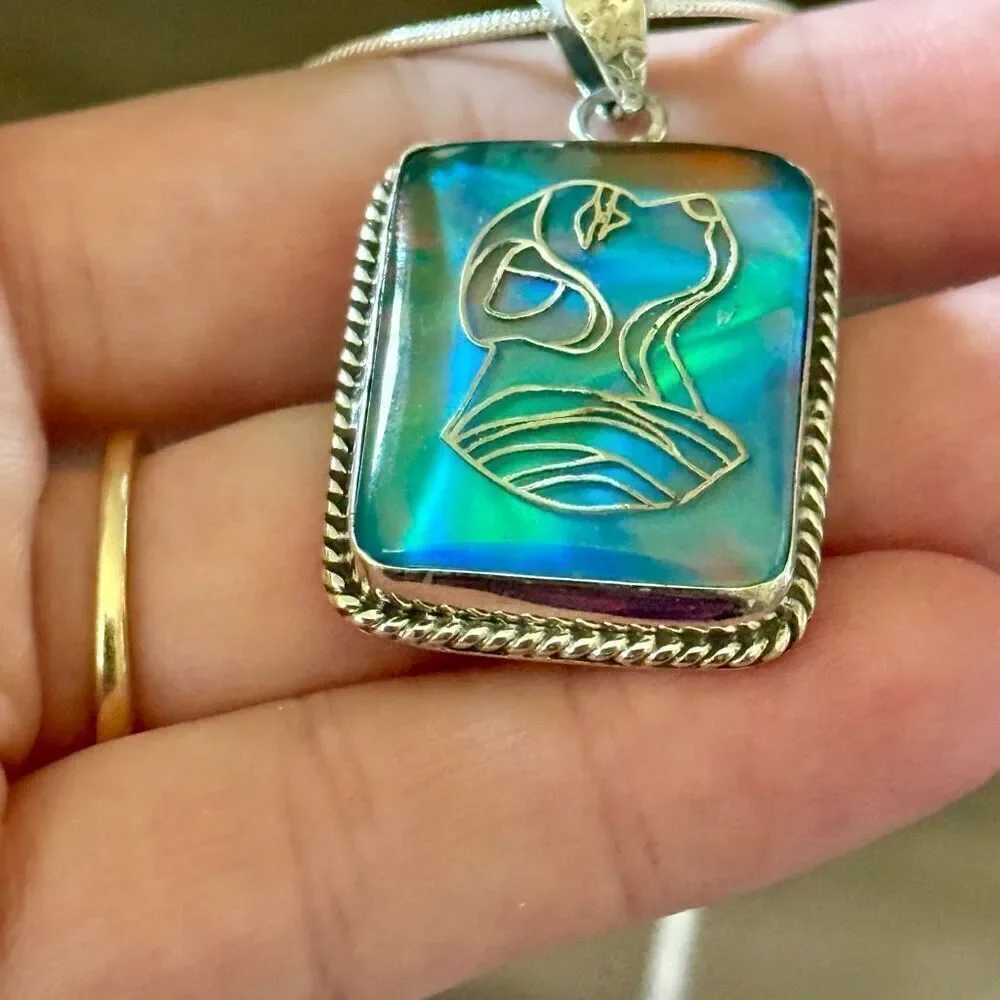 Aurora Opal Dog Carving Pendant Necklace – Sterling Silver Elegance